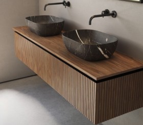 Double Vasque Noir à poser Porcelaine + Meuble en Chêne Massif Design 3D | 2 Tiroirs