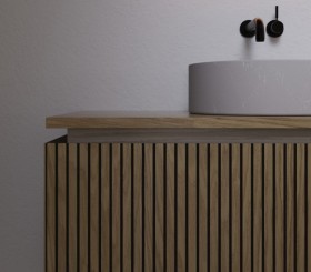 Double Vasque à poser Porcelaine + Meuble en Chêne Massif Design 3D | 2 Tiroirs