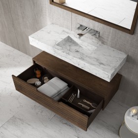 Vasque en Marbre Authentique Carrara + Meuble Suspendu Wood en Chêne Massif - 1 Tiroir | 861